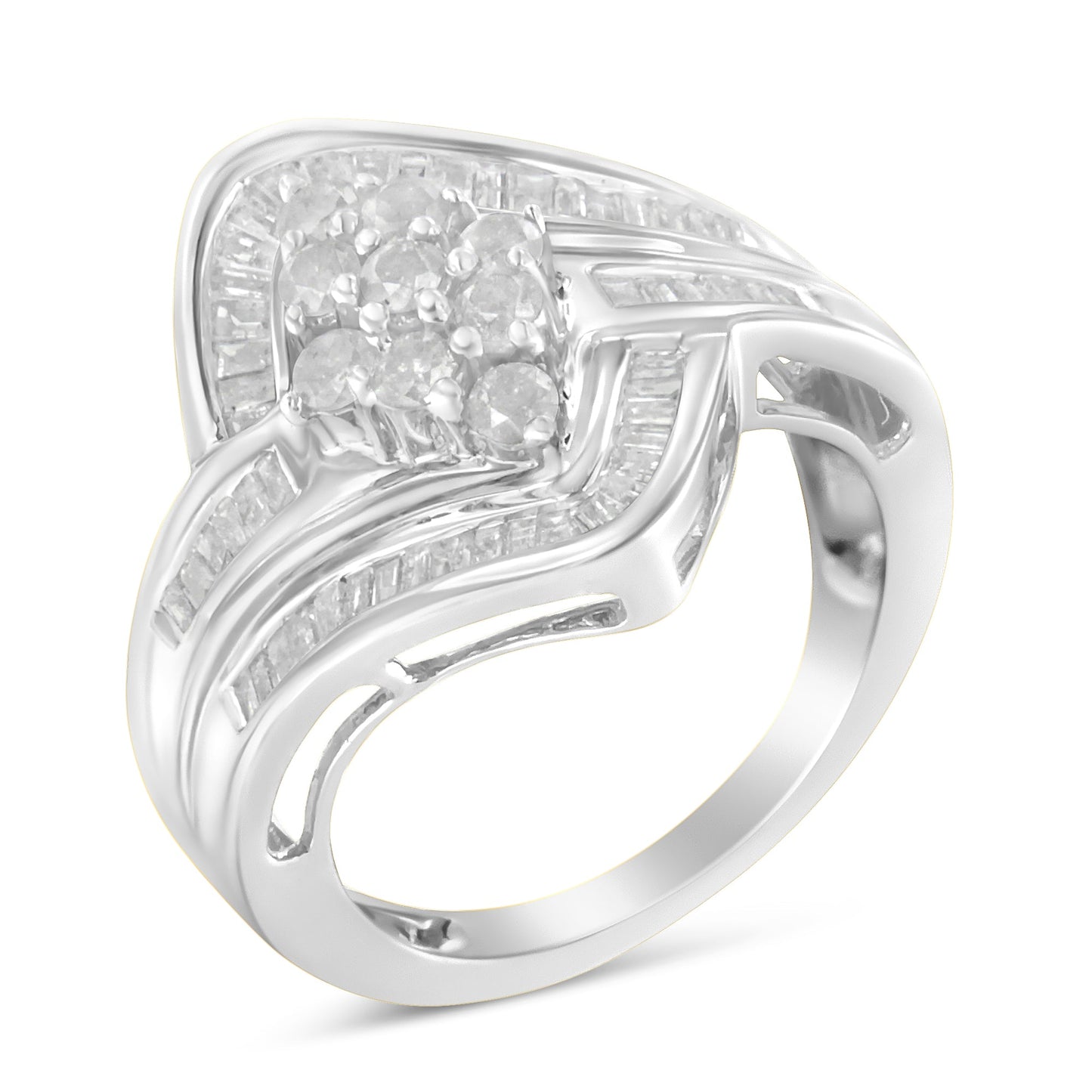 .925 Sterling Silver 1.0 Cttw Round & Baguette Cut Diamond Bypass Faux-Wrap Cluster Engagement Or Cocktail Ring (I-J Color, I2-I3 Clarity) - Size 8