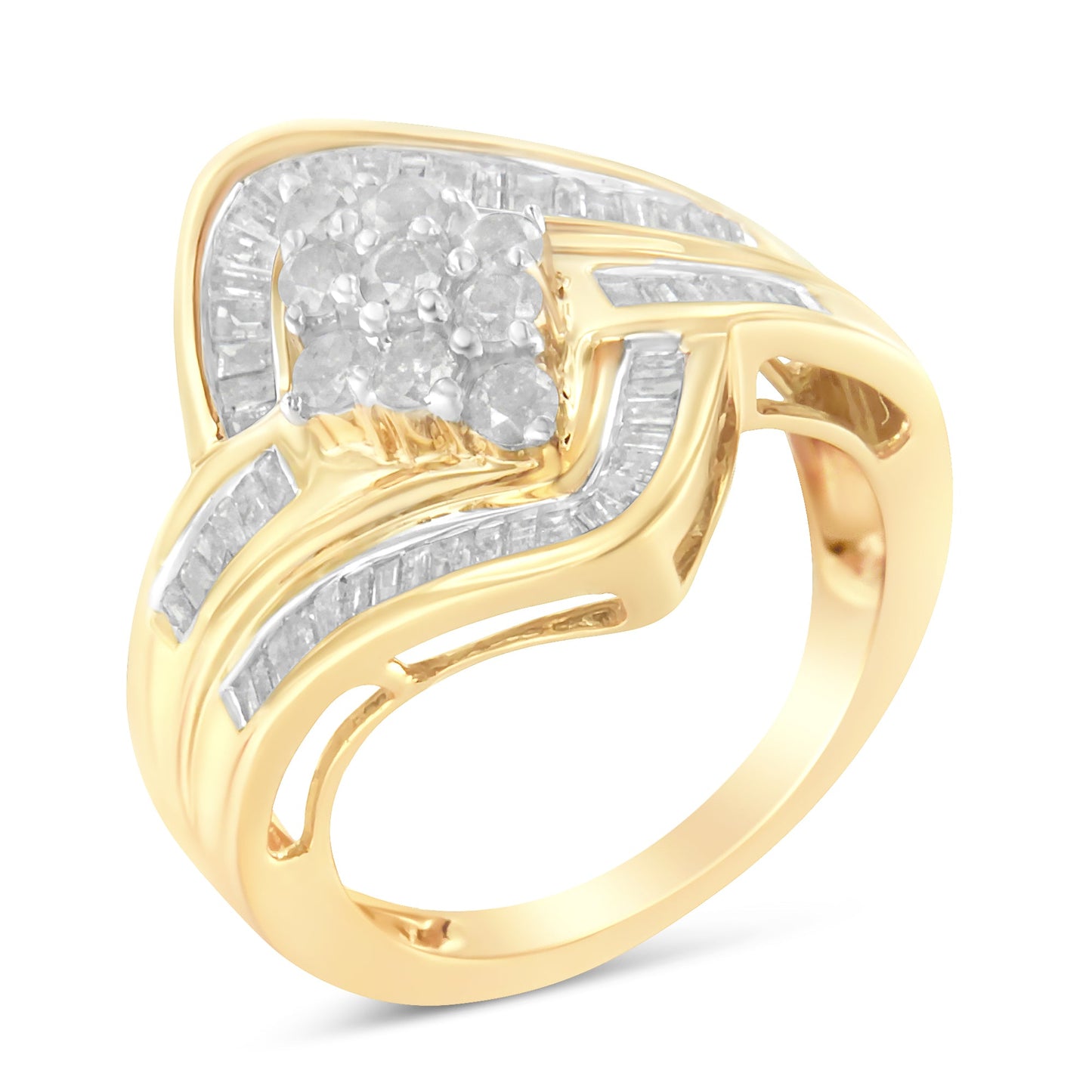 10K Yellow Gold Diamond Bypass Cluster Ring (1 Cttw, I-J Color, I2-I3 Clarity) - Size 6-1/2