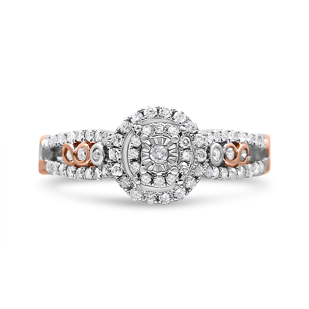 14K Rose Gold Plated .925 Sterling Silver 3/8 Cttw Round Diamond Double Frame Cross-Over Split Shank Engagement Ring (I-J Color, I2-I3 Clarity) - Size 9