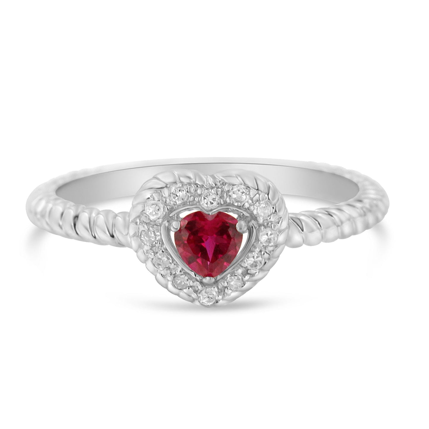 Sterling Silver 4Mm Lab Created Ruby Heart And Diamond Accent Heart Ring (I-J, I2-I3) - Size 6.5