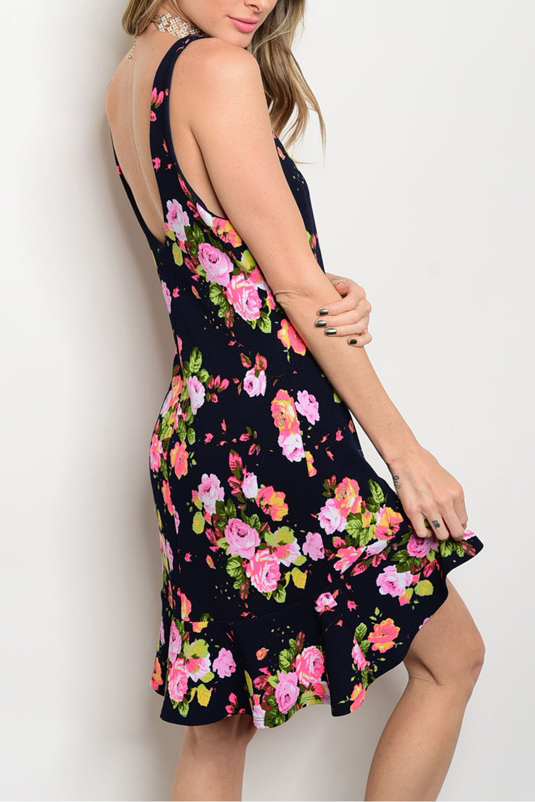 Floral Sleeveless Ruffle Navy Dress
