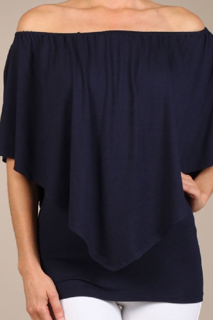 Convertible Elasticized Neckline Top - Navy