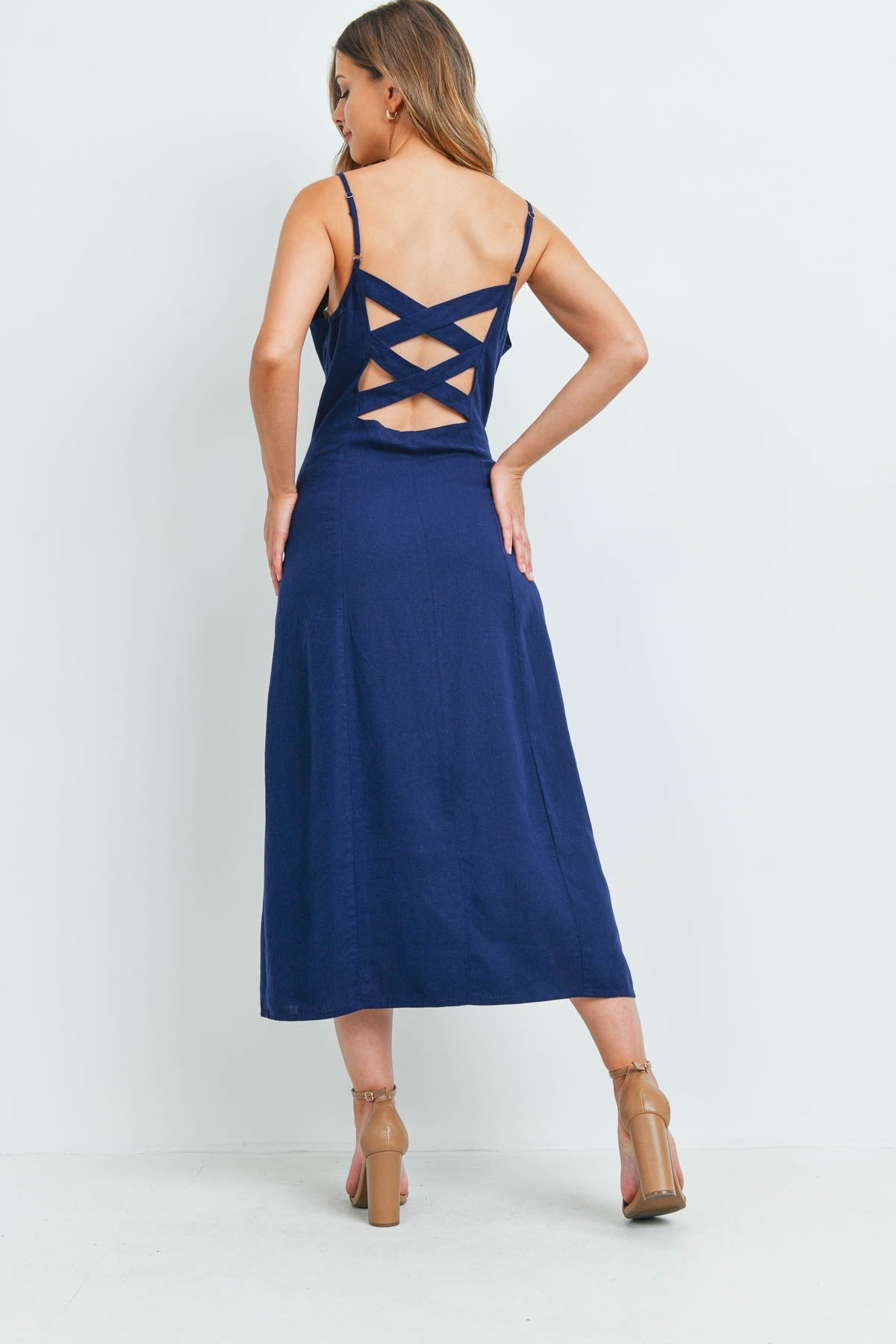 Linen Buttons Crossed Back Midi Dress