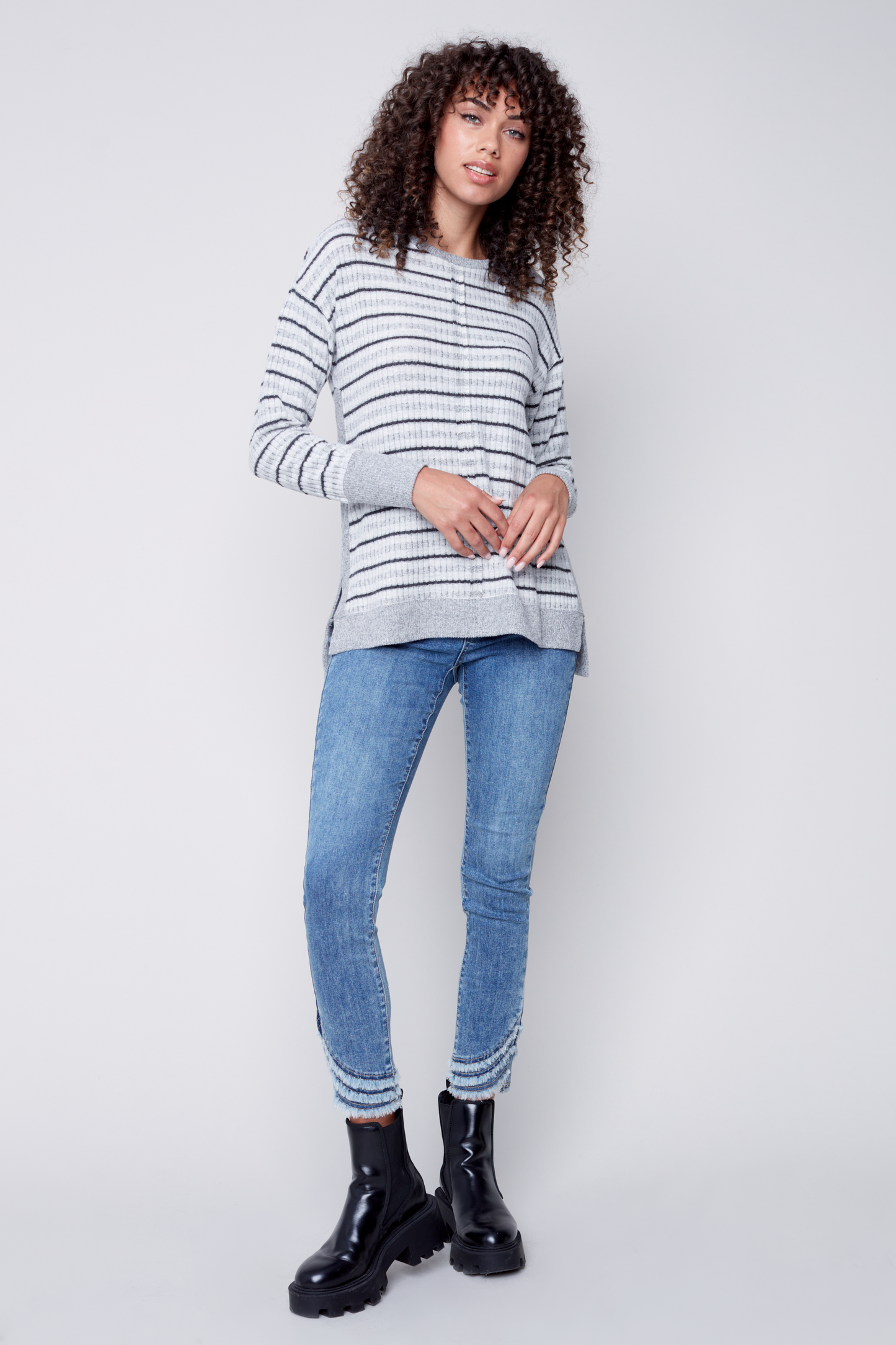 Crew Neck Long Sleeve Plushy Knit Drop-Shoulder Top