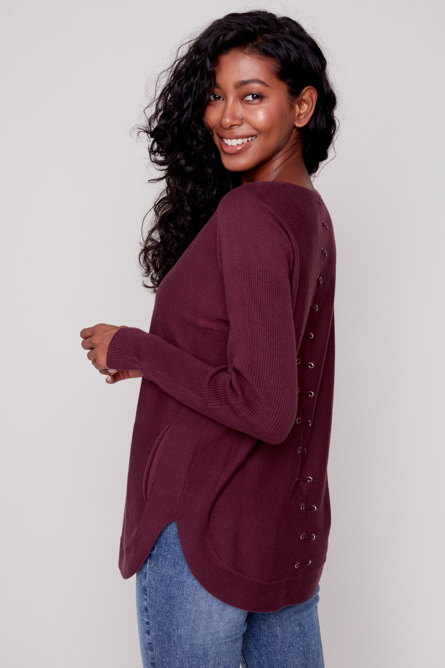 Long Sleeve Sweater with Back Eyelet Detail