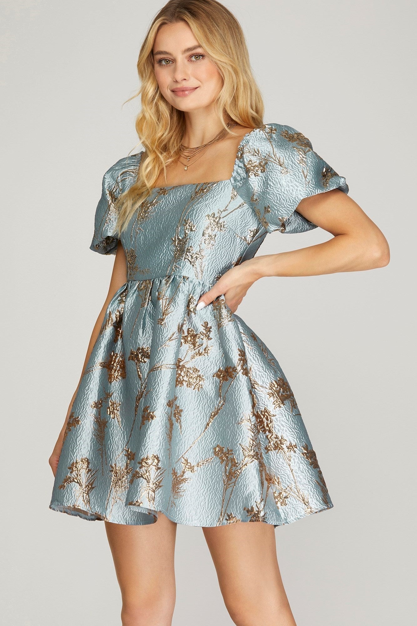 Puff Sleeve Metallic Jaquard Baby Doll Dress