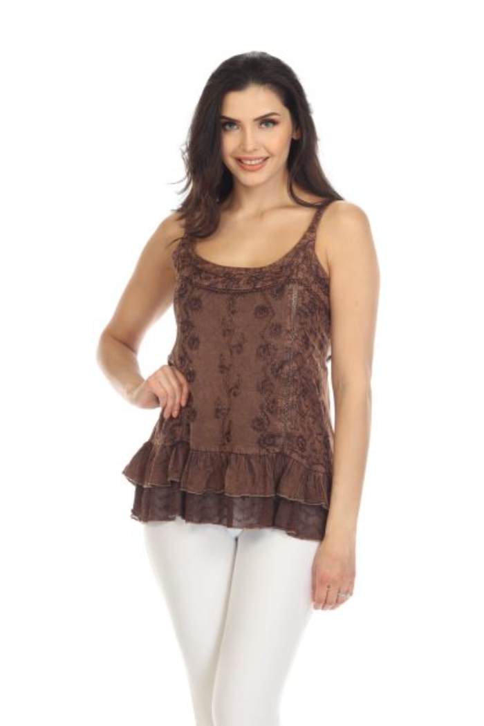 Sandwash Embroidered Tank Top - Brown