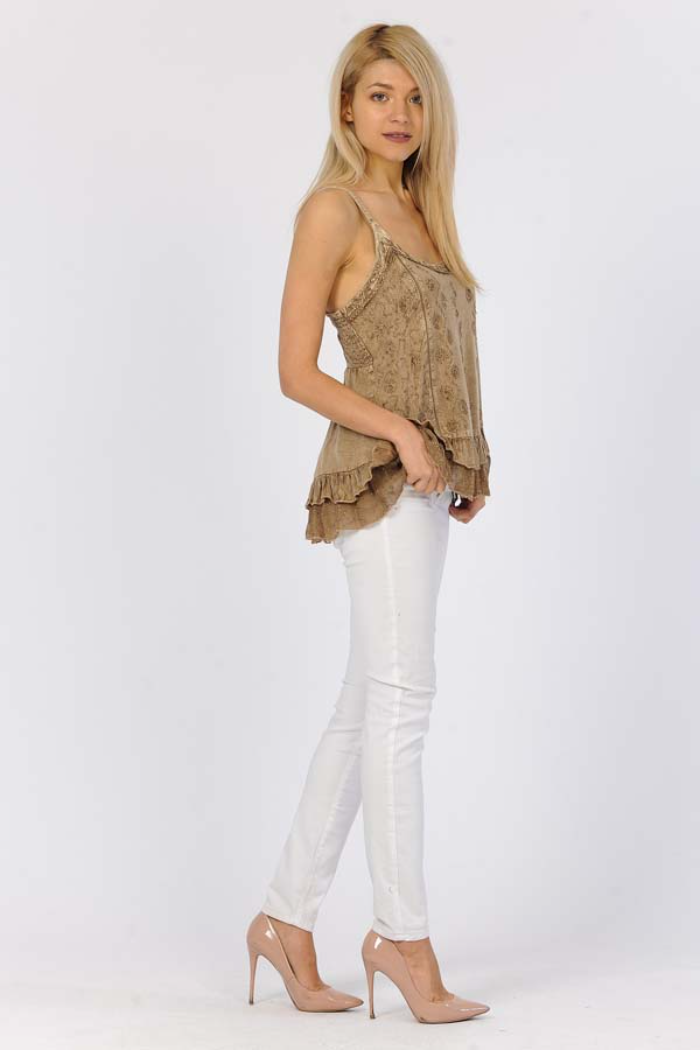 Sandwash Embroidered Tank Top - Fawn