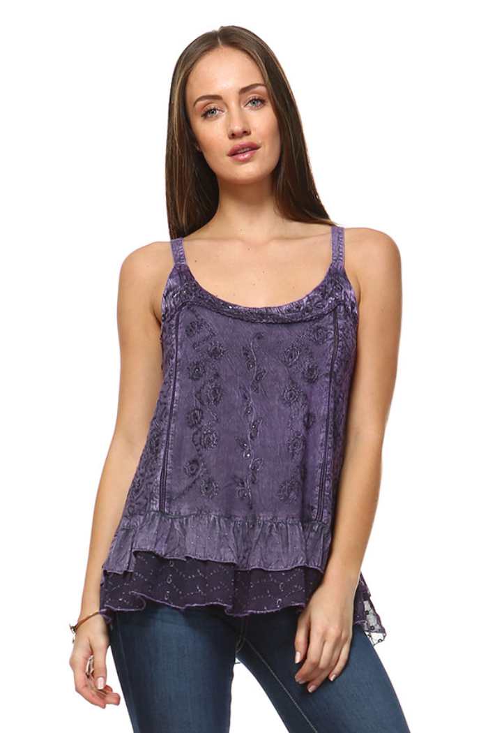 Sandwash Embroidered Tank Top - Purple