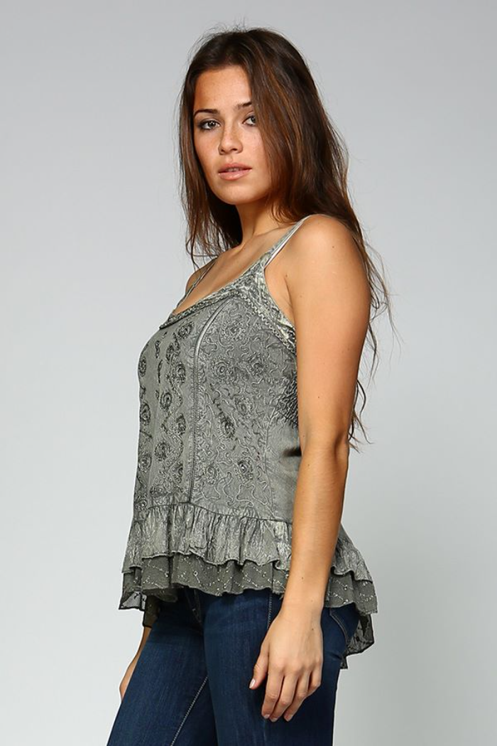 Sandwash Embroidered Tank Top - Olive