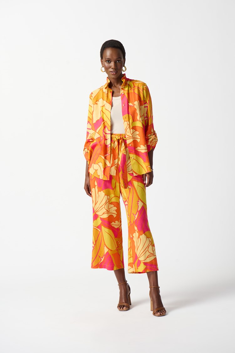 Linen Blend Floral Print Trapeze Blouse