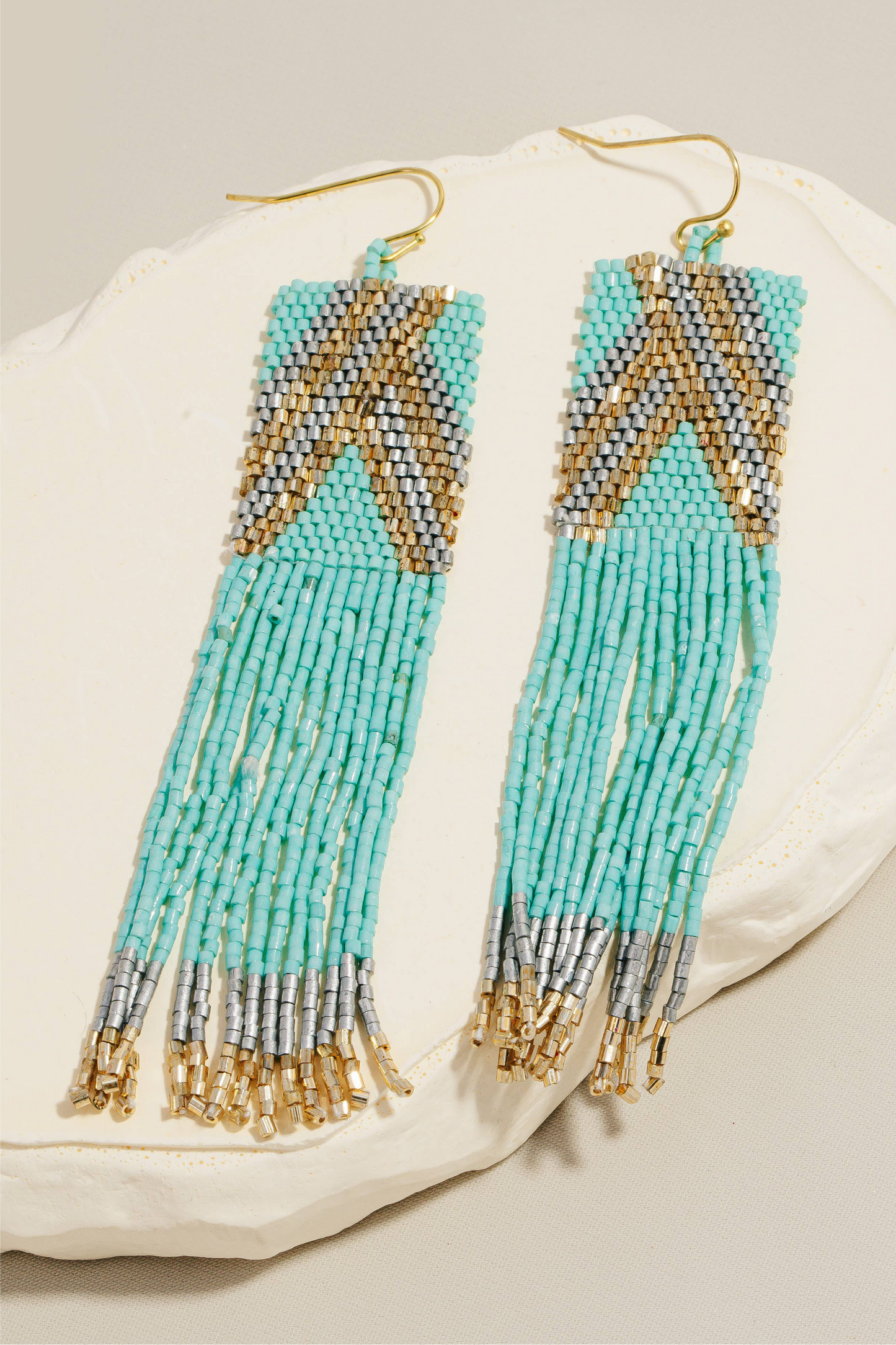Rectangular Boho Seed Beaded Fringe Dangle Earrings