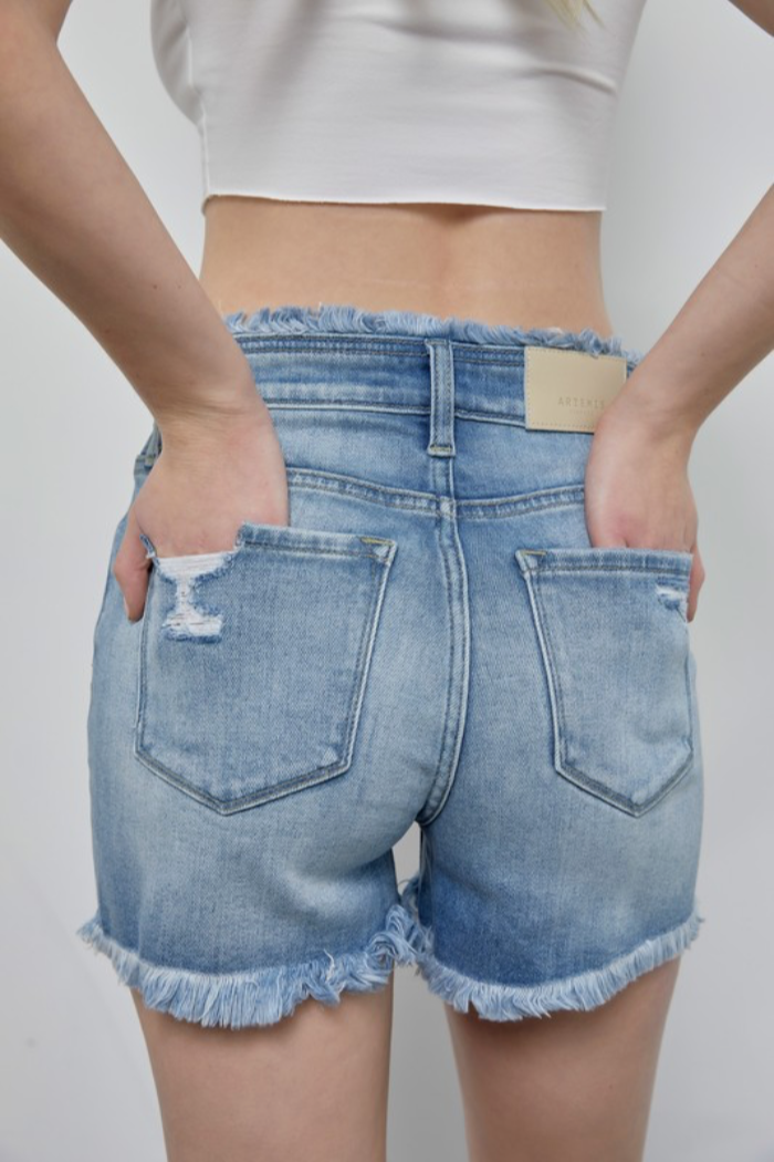 High Rise Crossover Denim Shorts