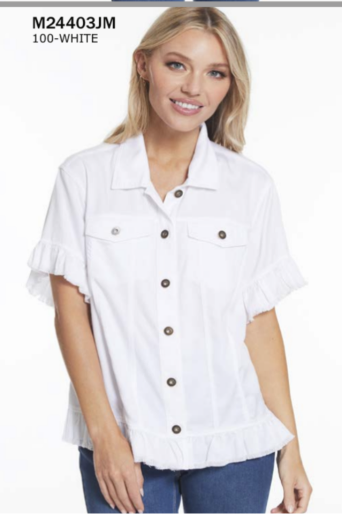 Ruffle short sleeve 2 pocket ruffle hem jean jacket