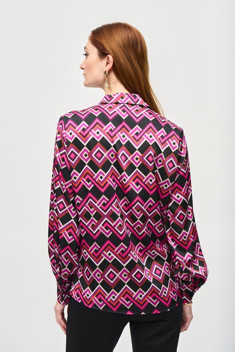 Satin Geometric Print Top- Black/ Multi