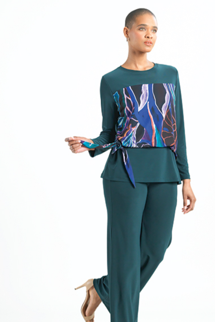 Floral Multi and Hunter green Blouse with Loose Drape