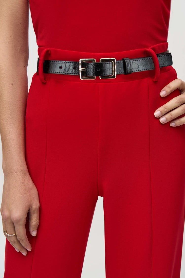 Silky Knit Belted Wide-Leg Pants- Lipstick Red