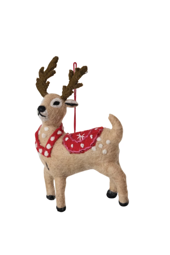 Handmade Wool Felt Reindeer Ornament w/ Embroidery