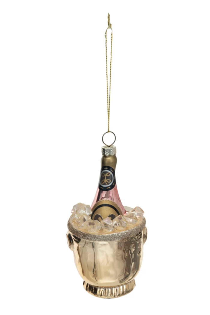 Glass Ice Bucket w/ Champagne Bottle & Glitter Ornament, Gold Finish, Pink