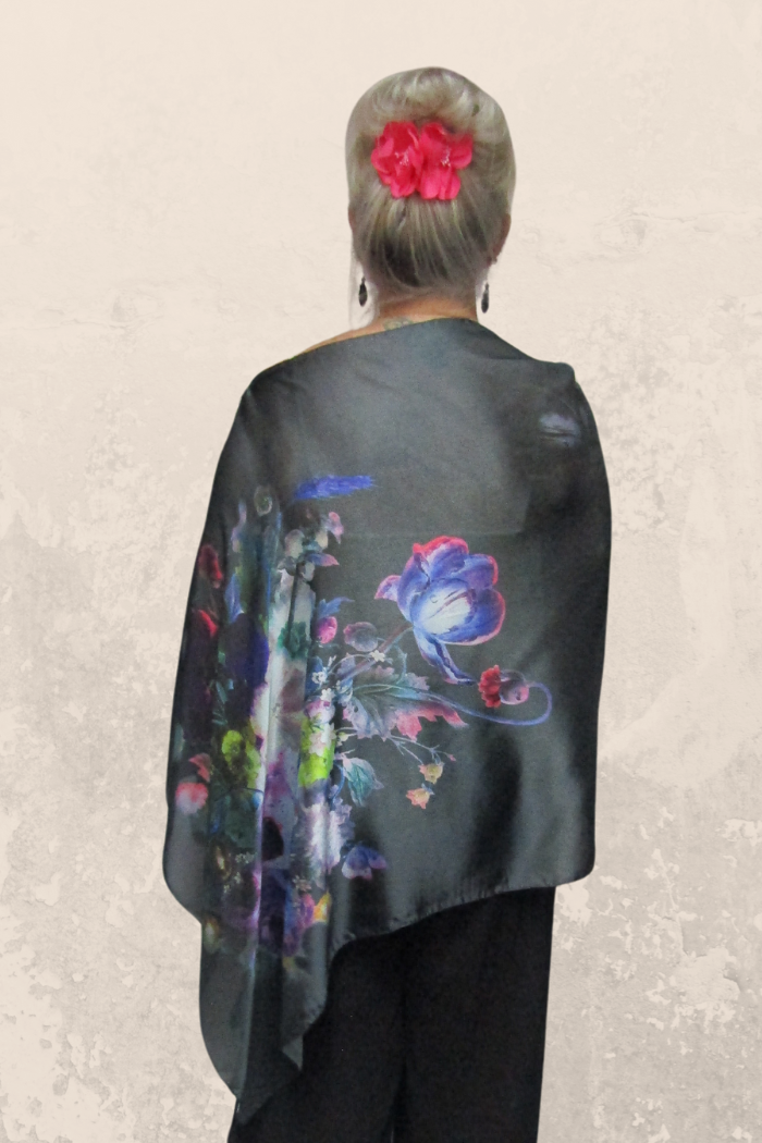Satin Charmeuse Button Shawl in Charcoal Floral Print