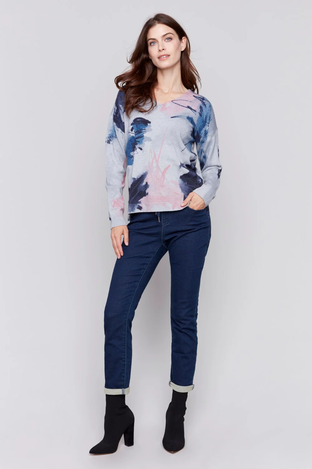 Printed Plushy V Neck Sweater
