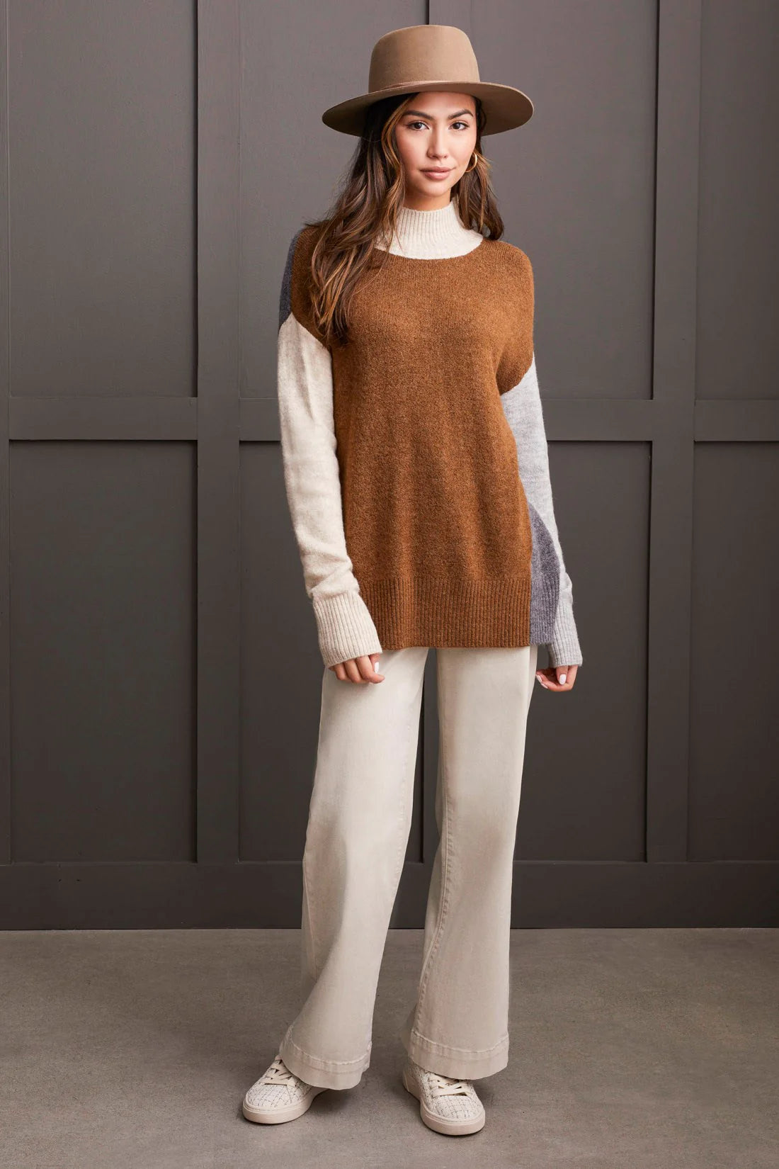 Mock Neck Colorblock Sweater- Heathered Walnut
