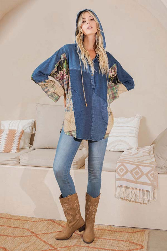 Hooded High Low Patchwork Top