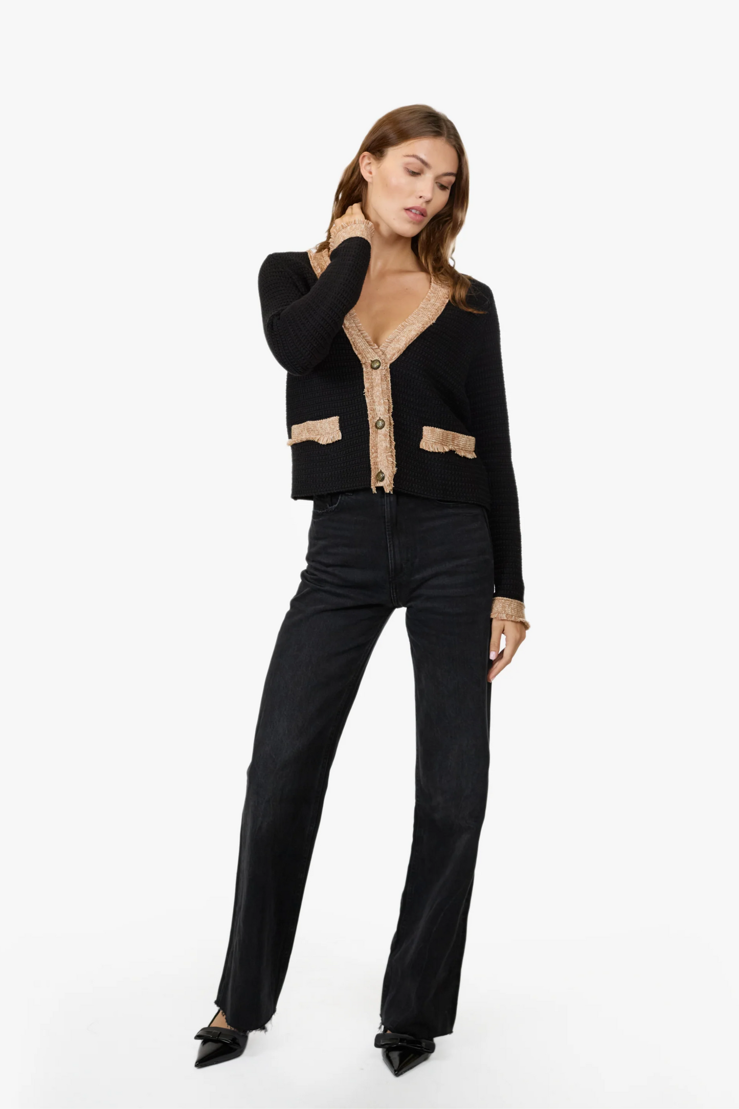 Fringed Trimmed V-Neck Jacket Sweater