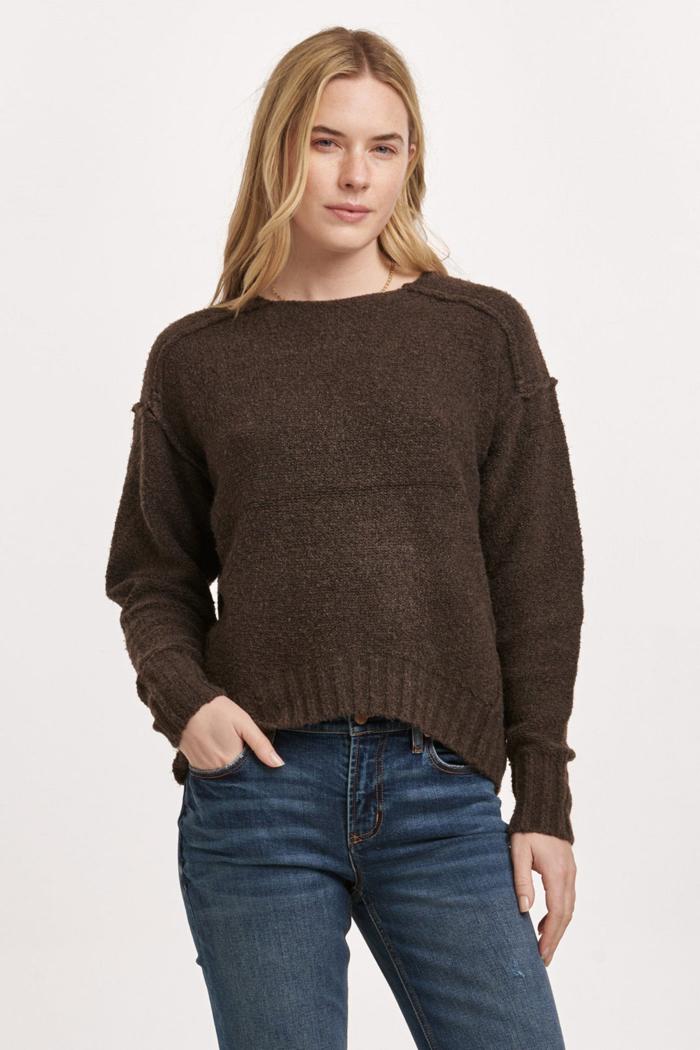 Jenna Raw Detail Long Sleeve Relaxed Fit Sweater Dark Chocolate