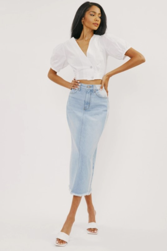 Midi High Rise Denim Contrast Skirt