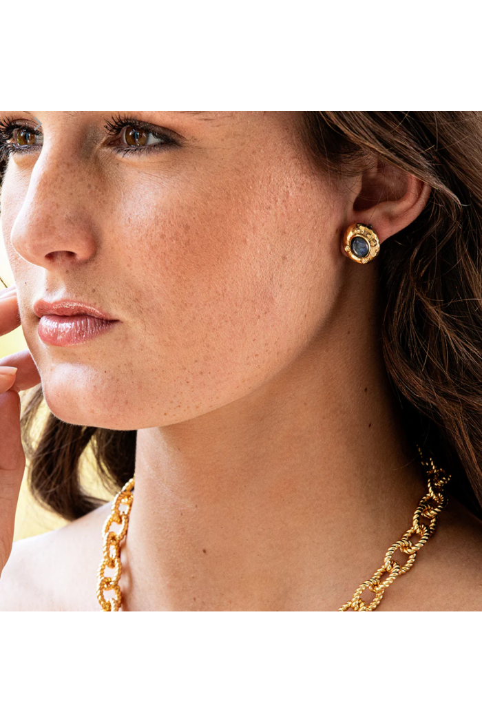 Cleopatra Oval Stud Earrings - Gold/Blue Labradorite