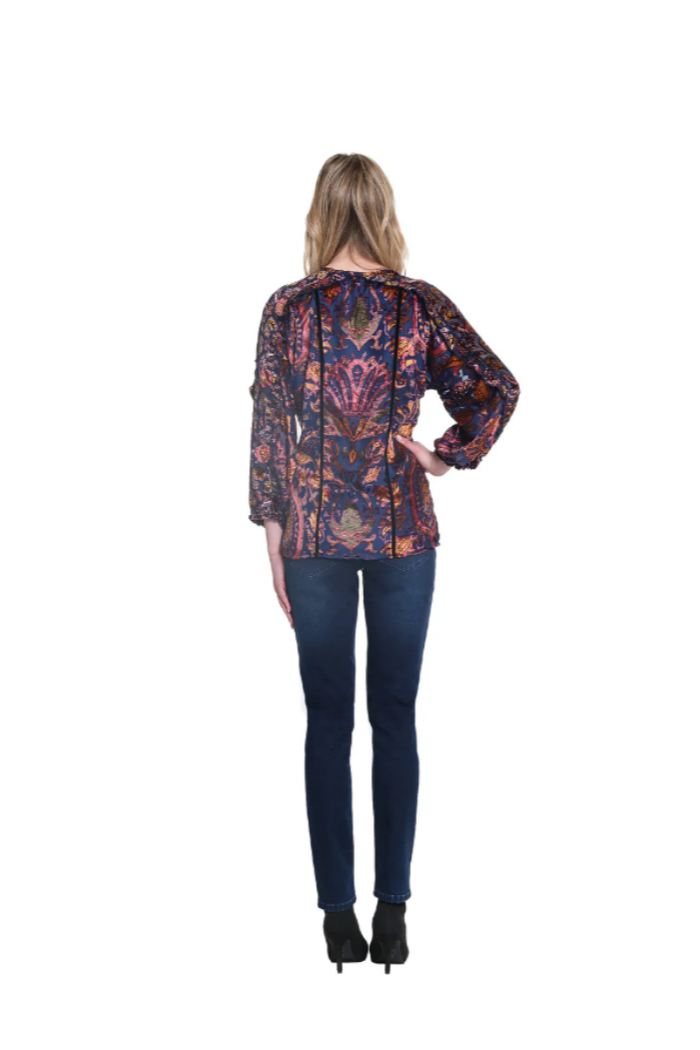 Mixed Print Burnout Ruffle Trim Top