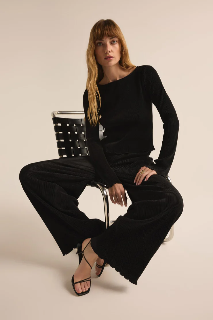 Veronica Pleated Boat Neck Top - Black