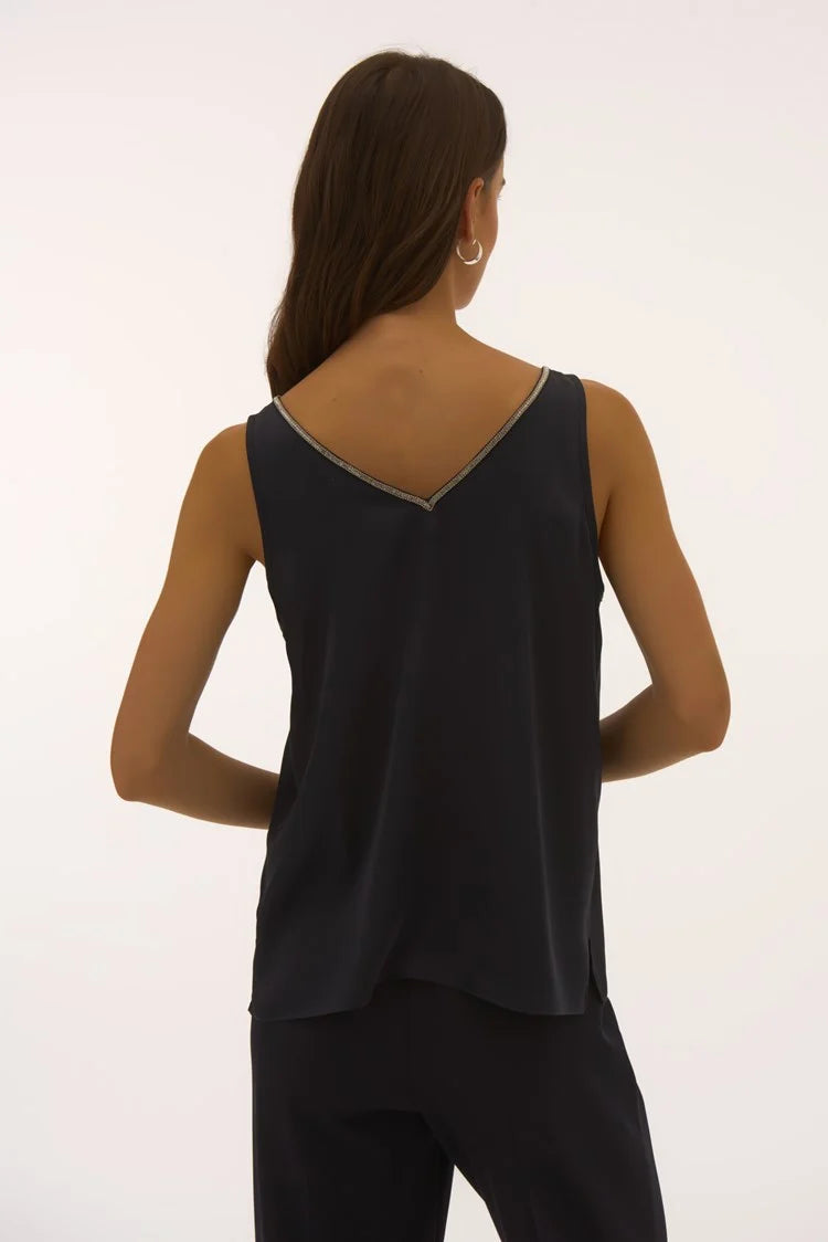Satin Sleeveless Top with Rhinestone Trim- Black