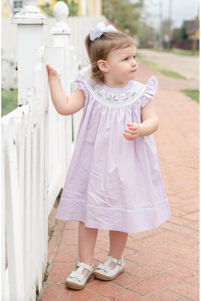 LIGHT PURPLE BUNNIES SMOCKED BISHOP DRESS