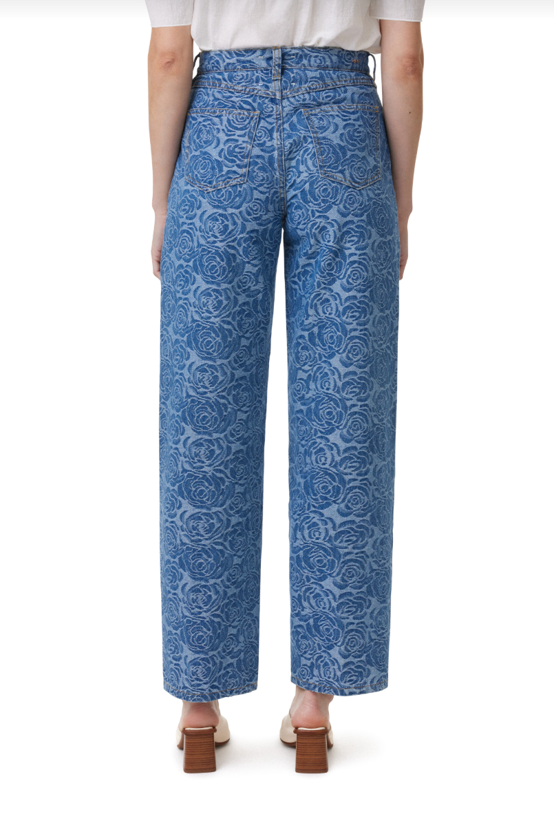 Jacquard Rose High Waist Barrel Leg Jeans