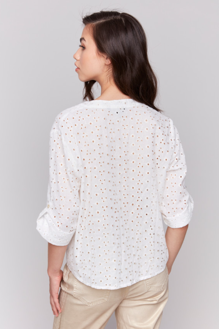Ivory Cotton Gold Eyelet Tie Blouse