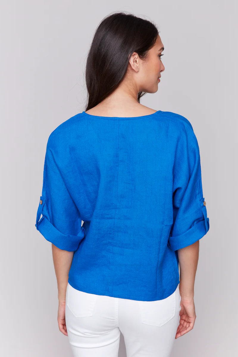 LINEN BLEND 3/4 SLEEVE TOP WITH FRONT TIE