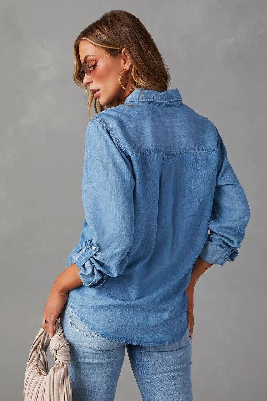 Sweetkama Ladies Denim Pockets Long Sleeves Shirt