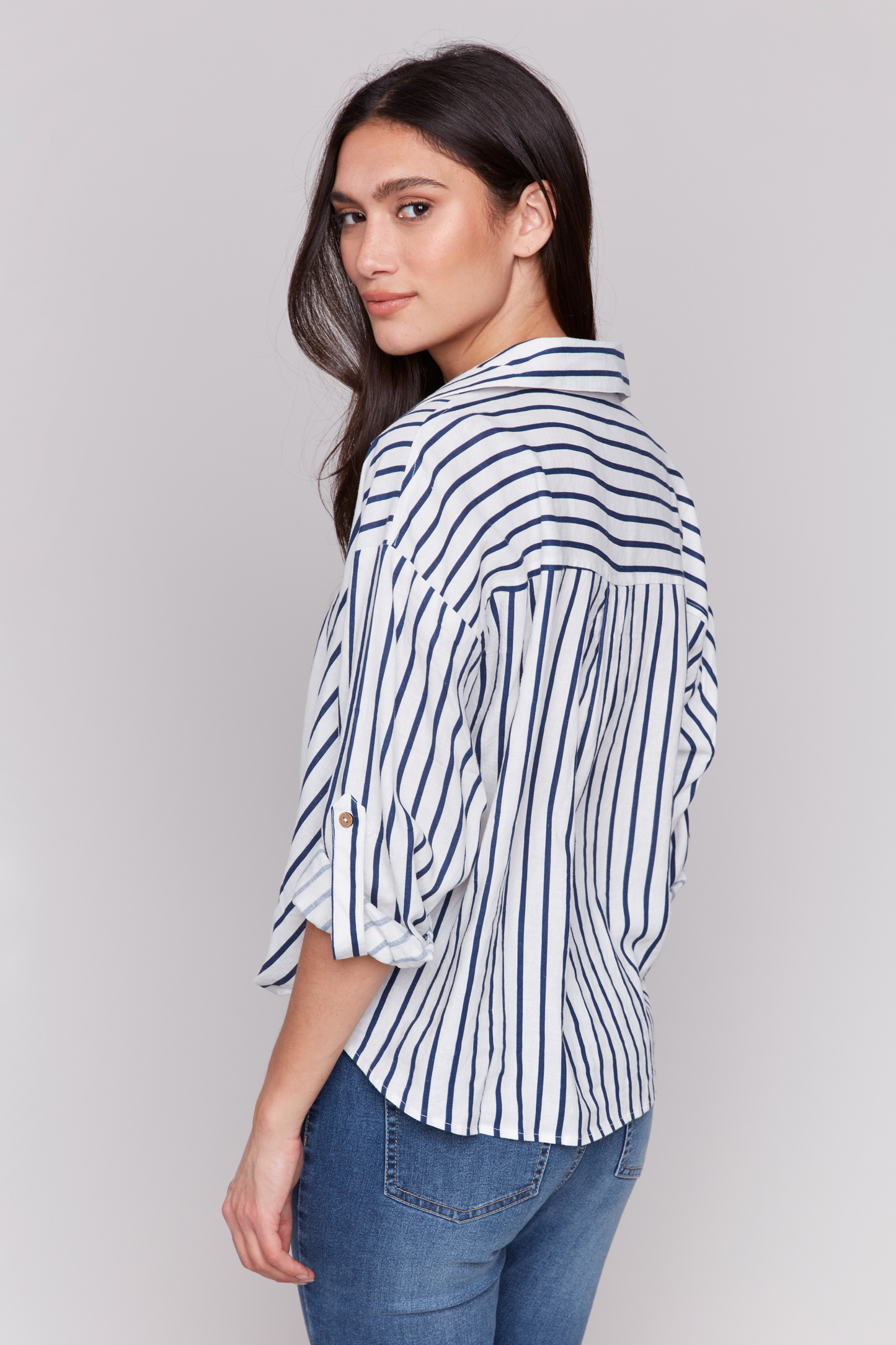 Striped Roll Up Sleeves Blouse with Front Twist
