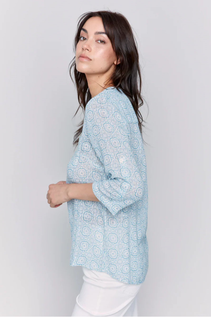 Printed Roll Up Sleeve Cotton Gauze Blouse