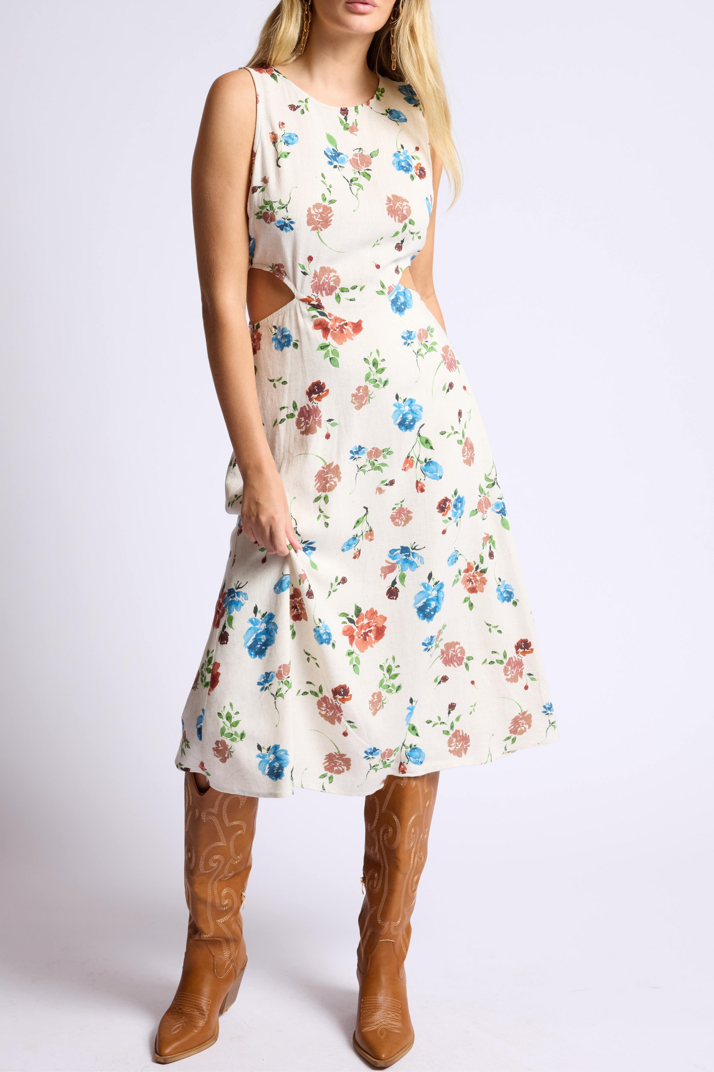 FLOWERED SIDE CUTOUT MIDI DRESS