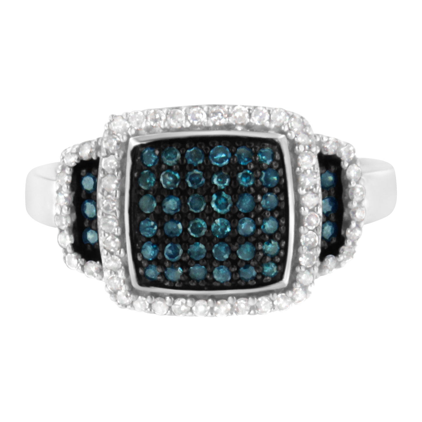 Black Rhodium Plated .925 Sterling Silver 1/2 Cttw White & Blue Diamond Square Halo Cocktail Ring (Fancy Blue & H-I Color, I2-I3 Clarity) - Size 7-1/2