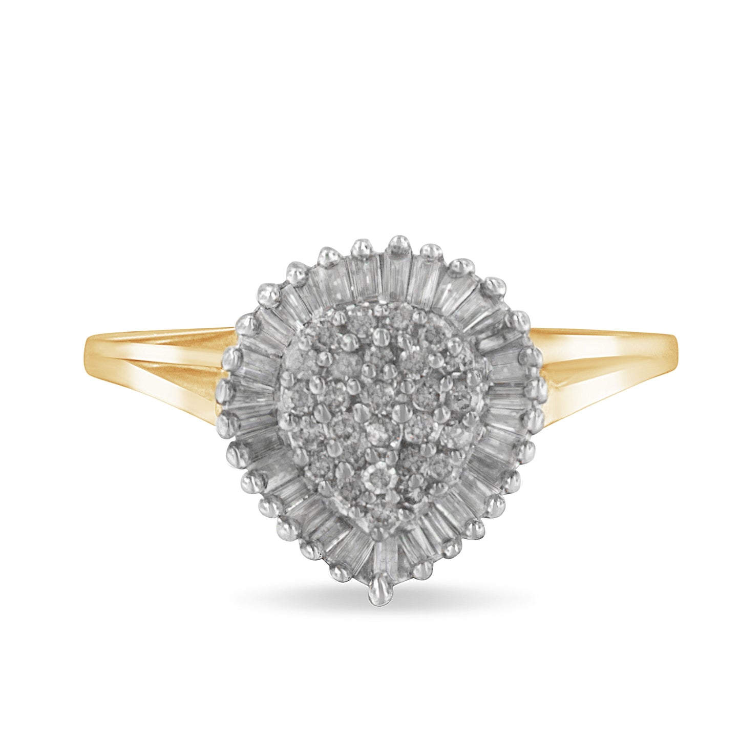 10K Yellow Gold 1/2 Cttw Round & Baguette Cut Diamond Pear Shaped Domed Pavé Cluster With Halo Cocktail Ring (J-K Color, I1-I2 Clarity) - Size 6