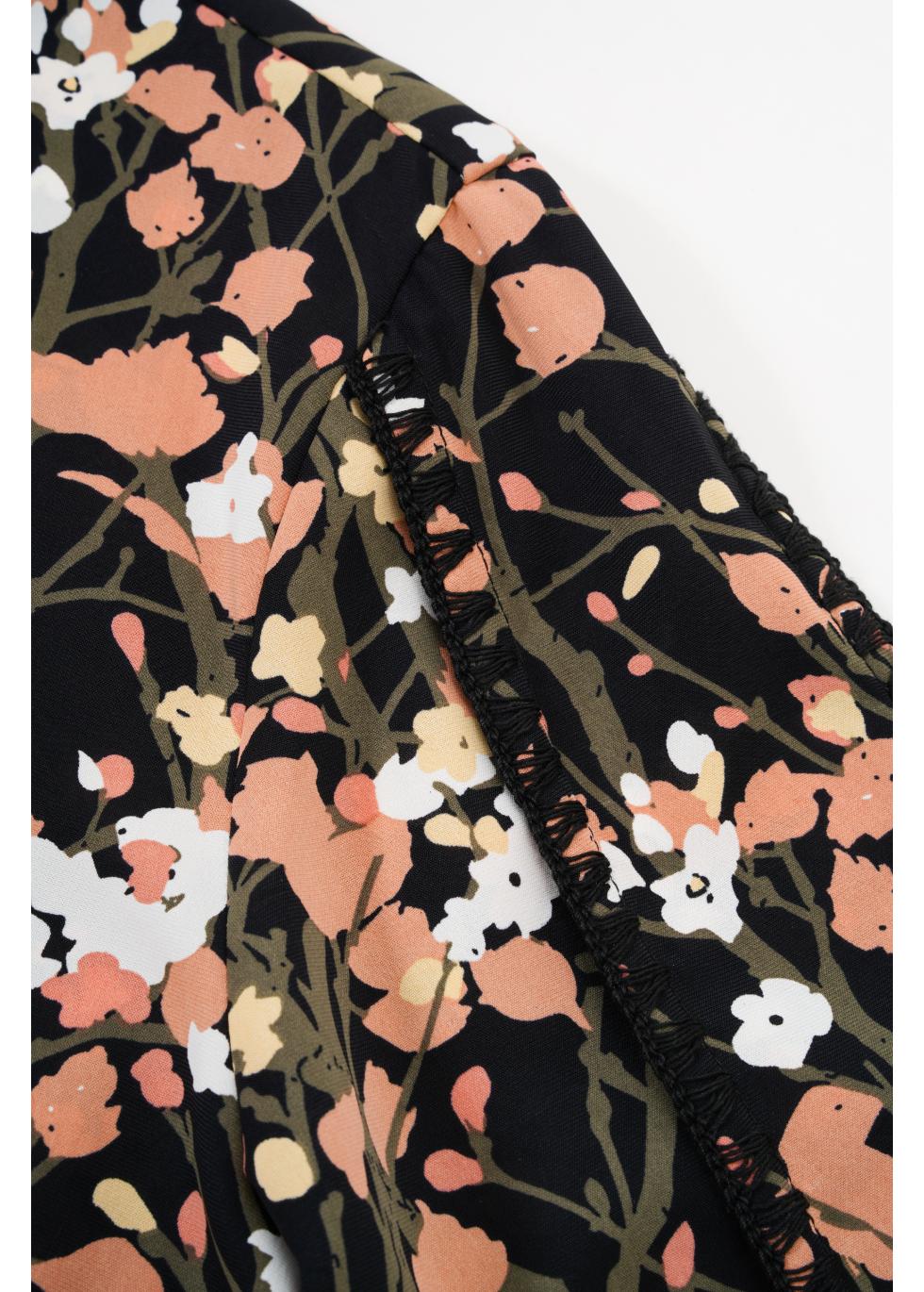 Cuffed Spring Foliage Blouse With Front Tie