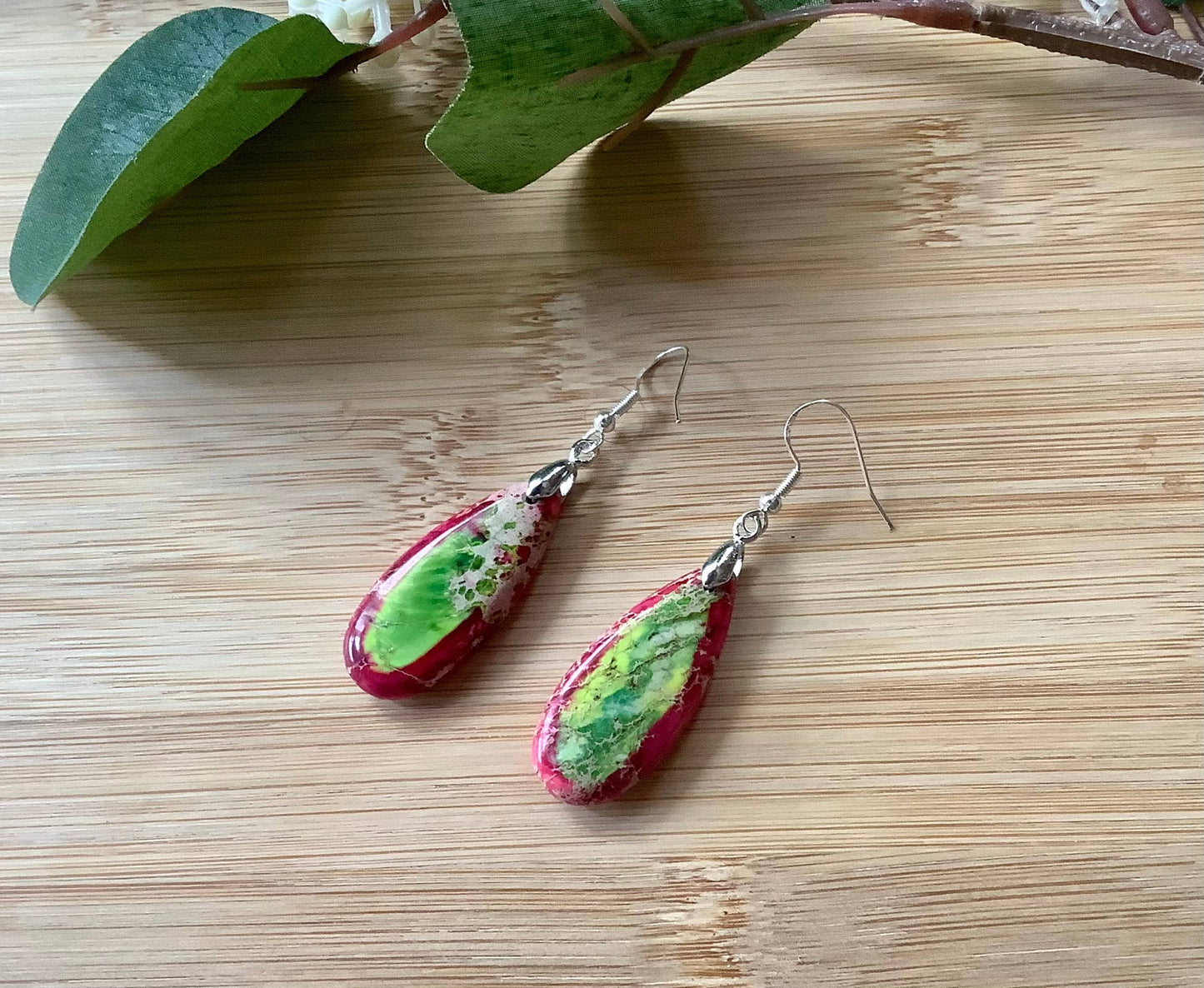 Earrings, dangle earrings, stone earrings: Green
