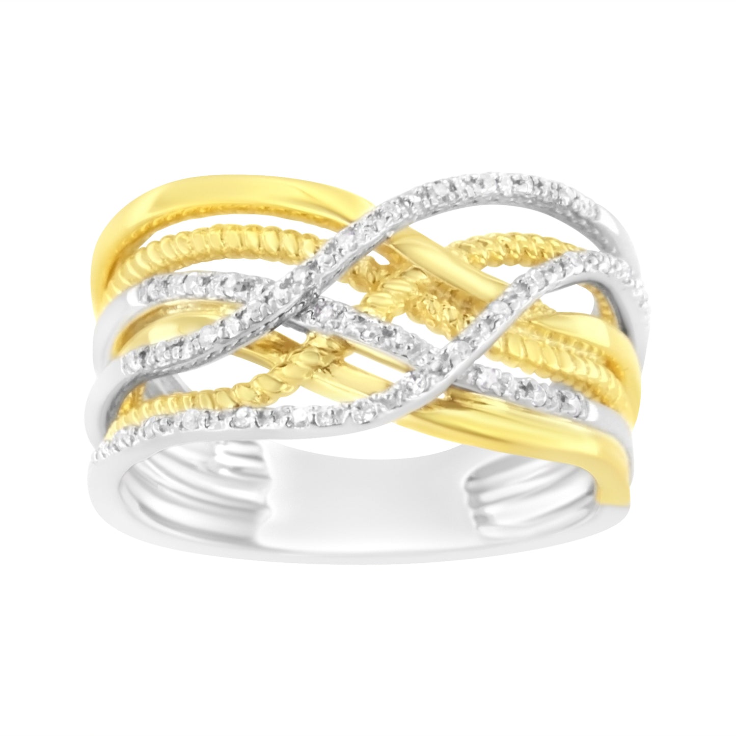 10K Yellow Gold Plated .925 Sterling Silver 1/10 Cttw Diamond Multi Row Crossover Ring Band (I-J Color, I1-I2 Clarity) - Size 6