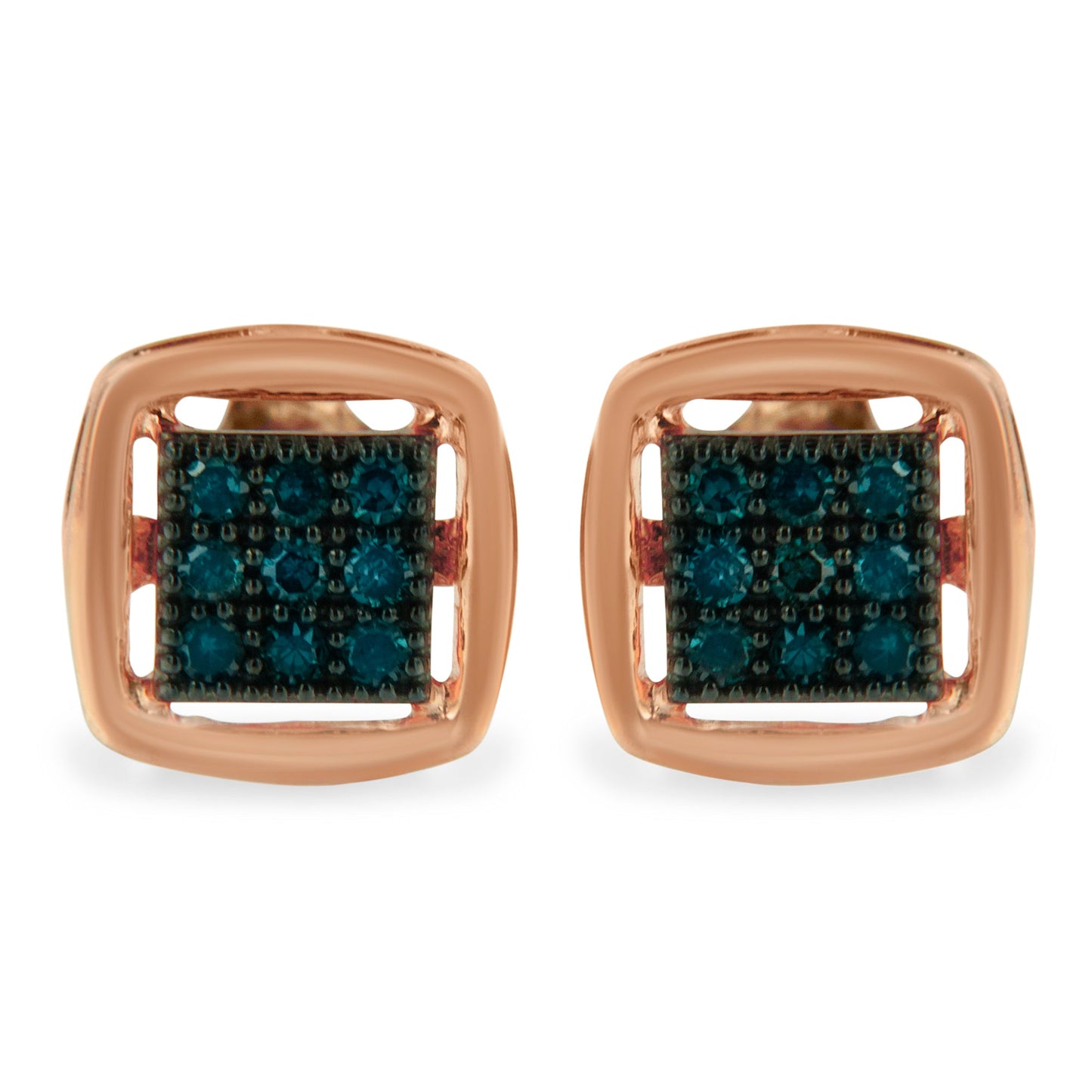 Rose Plated Sterling Silver Rose Cut Treated Diamond Stud Earring (0.25 Cttw, Blue Color, I2-I3 Clarity)