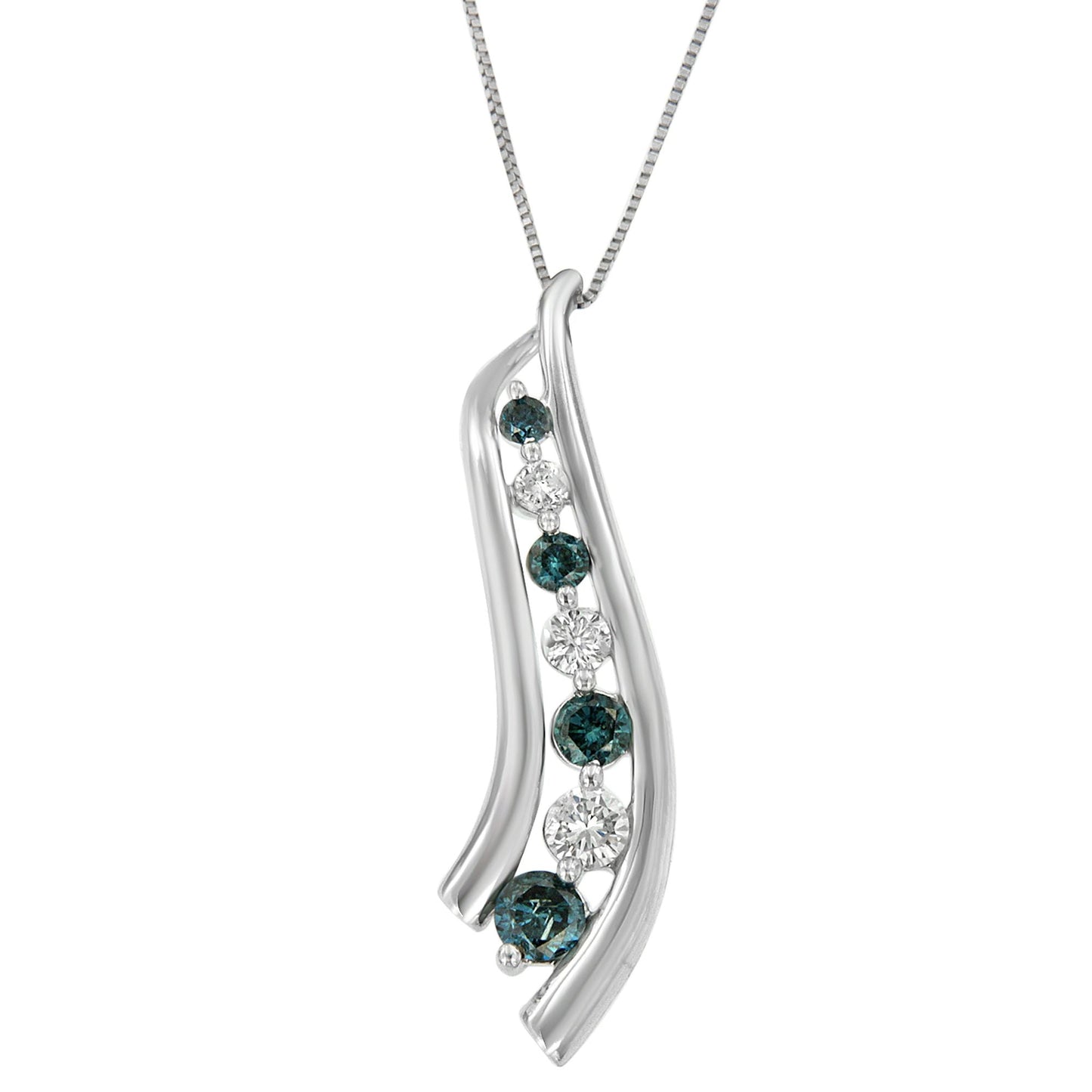 14K White Gold White And Color Treated Blue Round Cut Diamond Swoop Pendant Necklace (1.00 Cttw, H-I Color, I1-I2 Clarity)