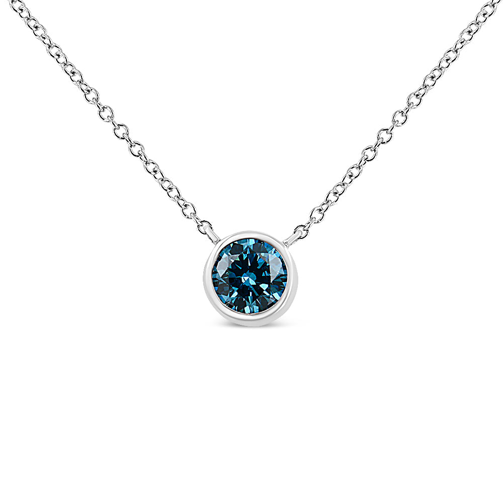 14K White Gold 1/2 Cttw Blue Lab Grown Diamond Modern Bezel-Set Solitaire 16"-18" Pendant Necklace (Blue Color, Vs2-Si1 Clarity)